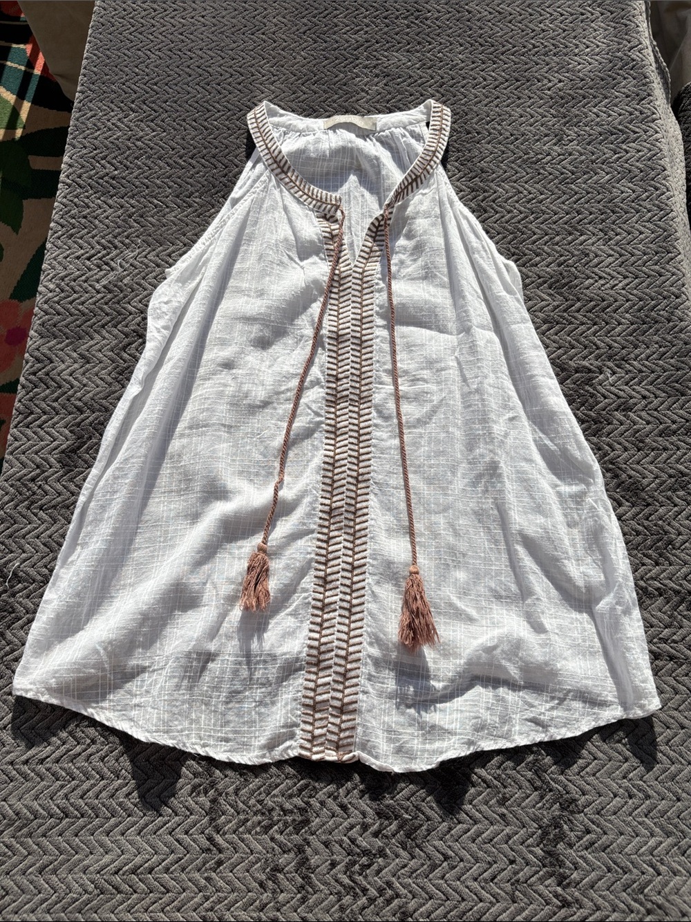 White Halter Tank Top with Taupe Trim and Tassel Tie